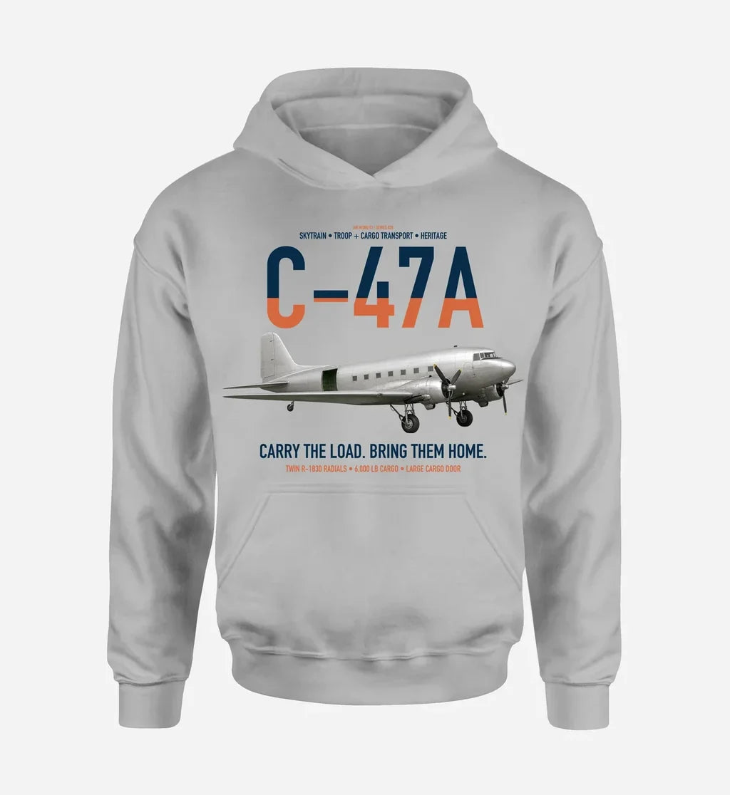 C-47A Skytrain design on light gray double-side hoodie, single-side print