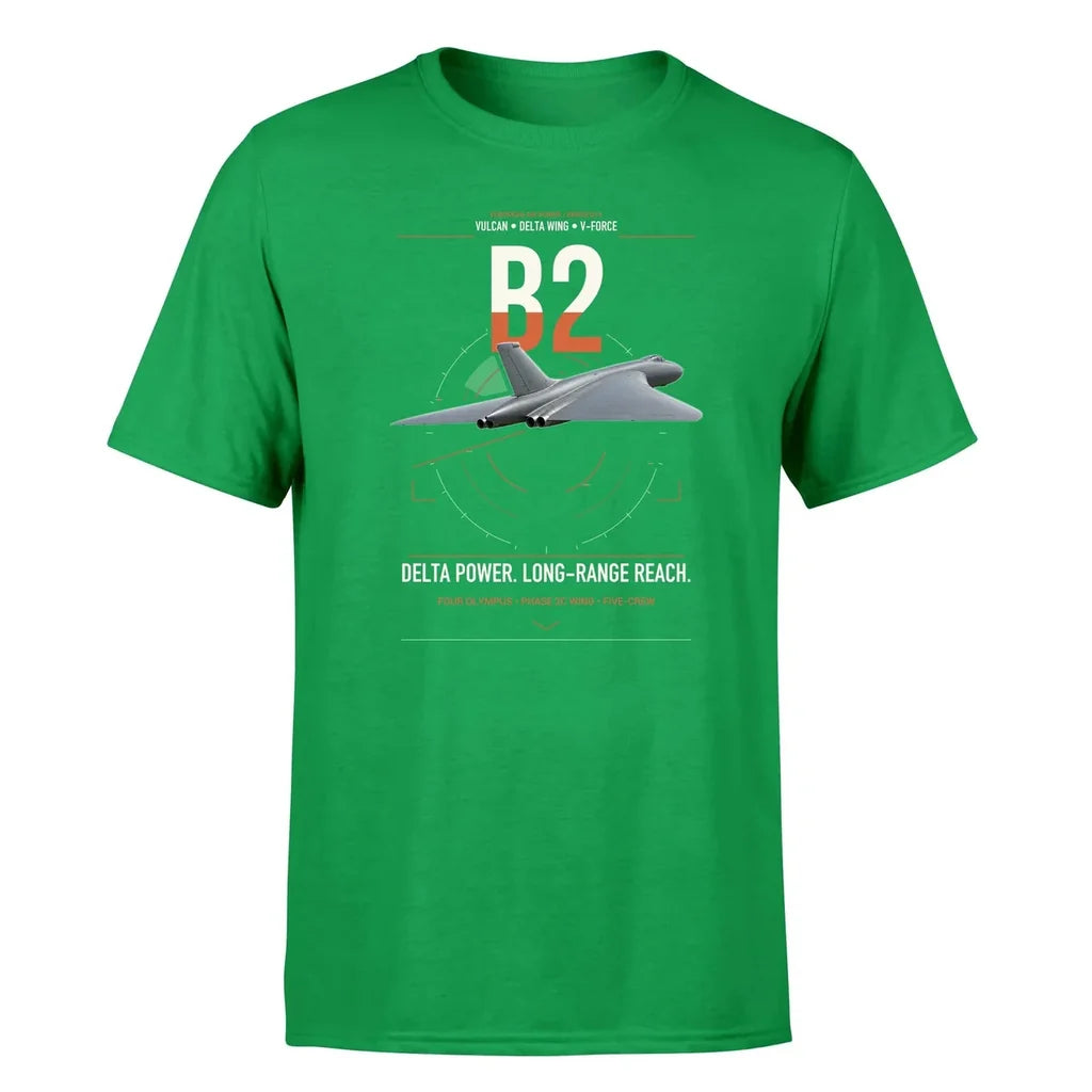 Avro Vulcan B2 design on green t-shirt, single-side print