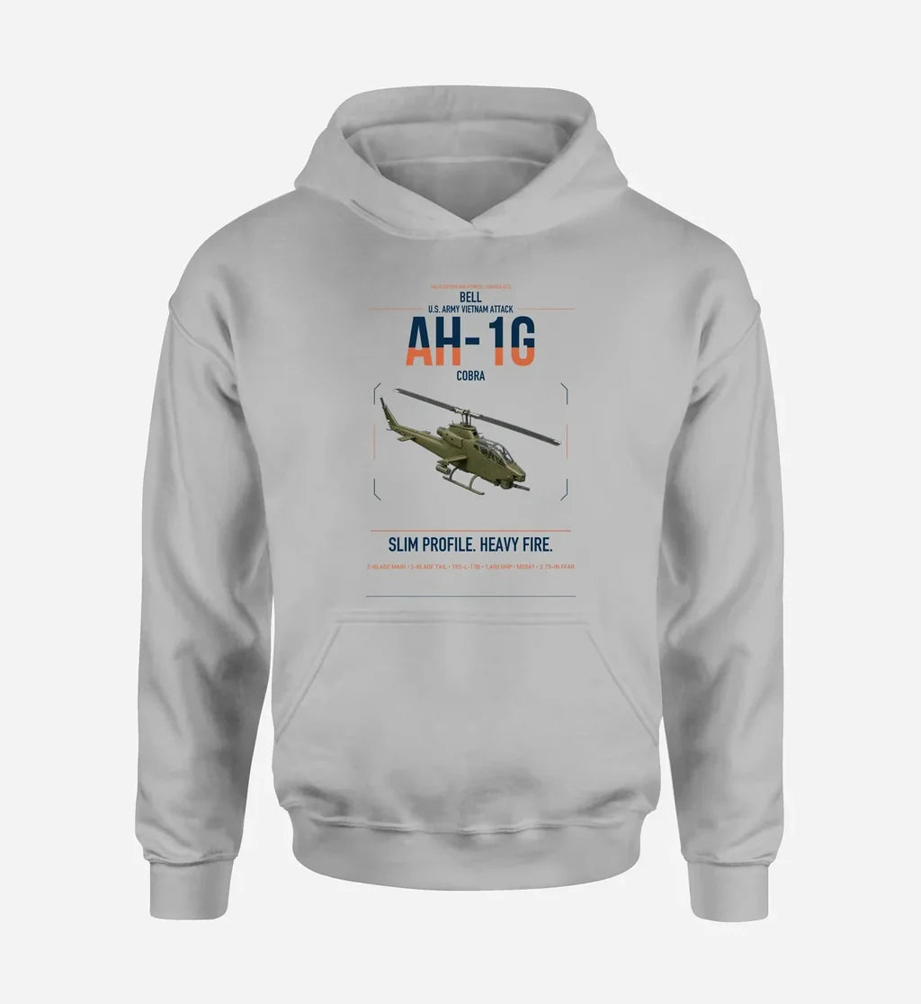 Bell AH-1G Cobra design on light gray double-side hoodie, single-side print