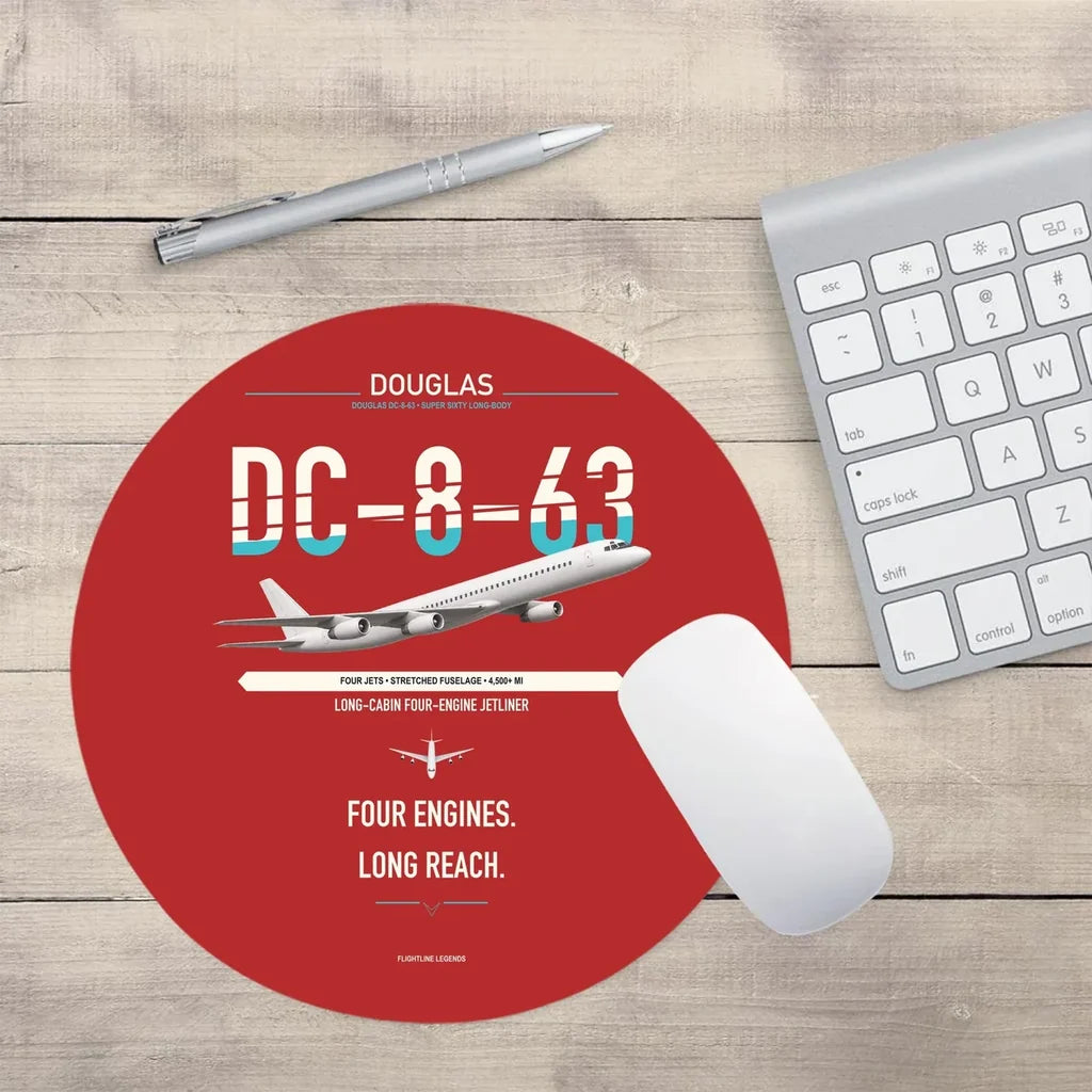 Douglas DC-8-63 design on red round mouse pad