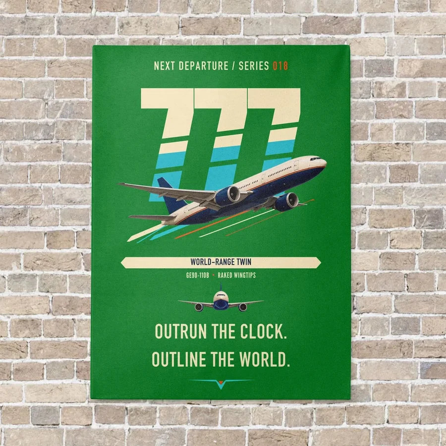 Boeing 777-200LR vertical canvas print - no frame - green background