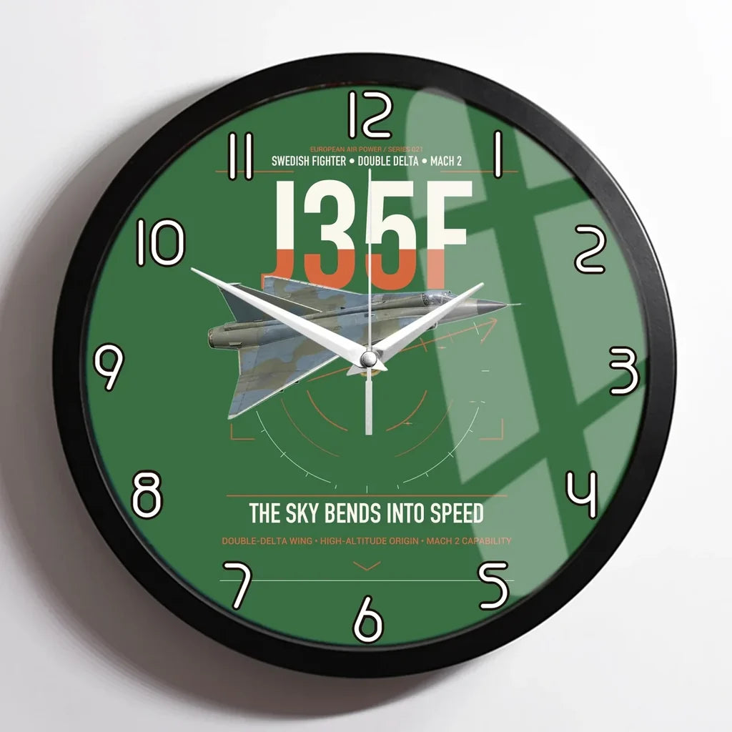 Saab J 35F Draken design on green framed wall clock