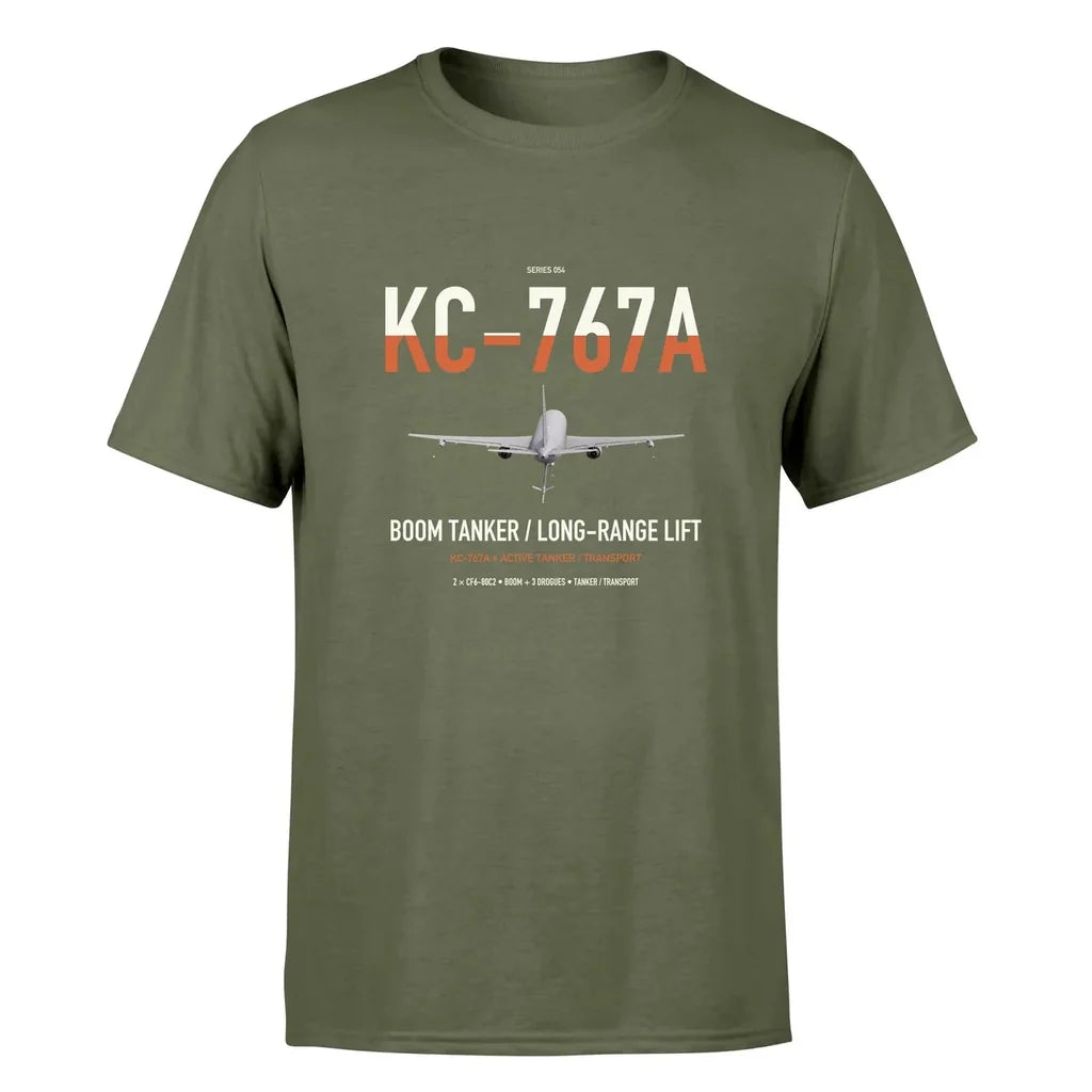 Boeing KC-767A design on green army double-side t-shirt, single-side print