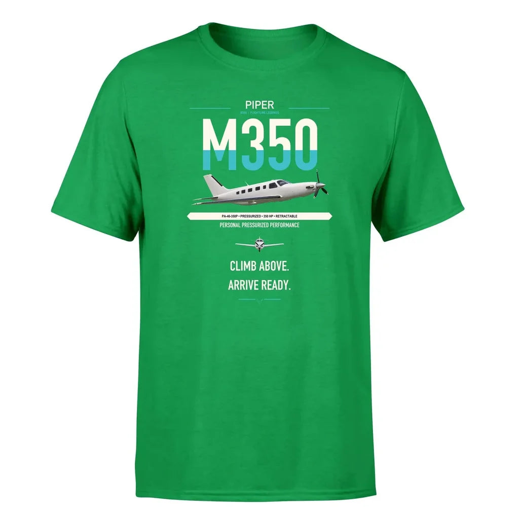 Piper M350 design on green t-shirt, single-side print