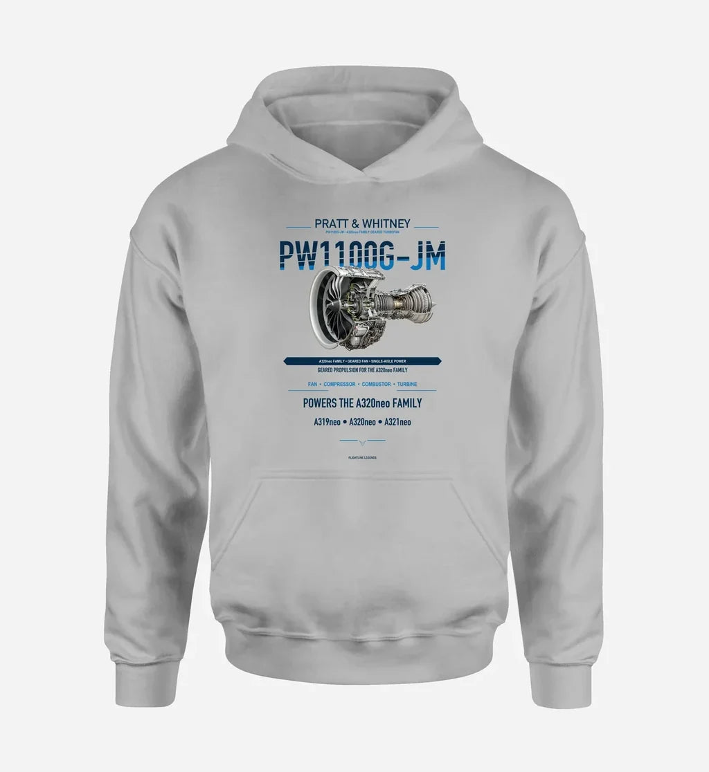 PW1100G-JM design on light gray hoodie single side