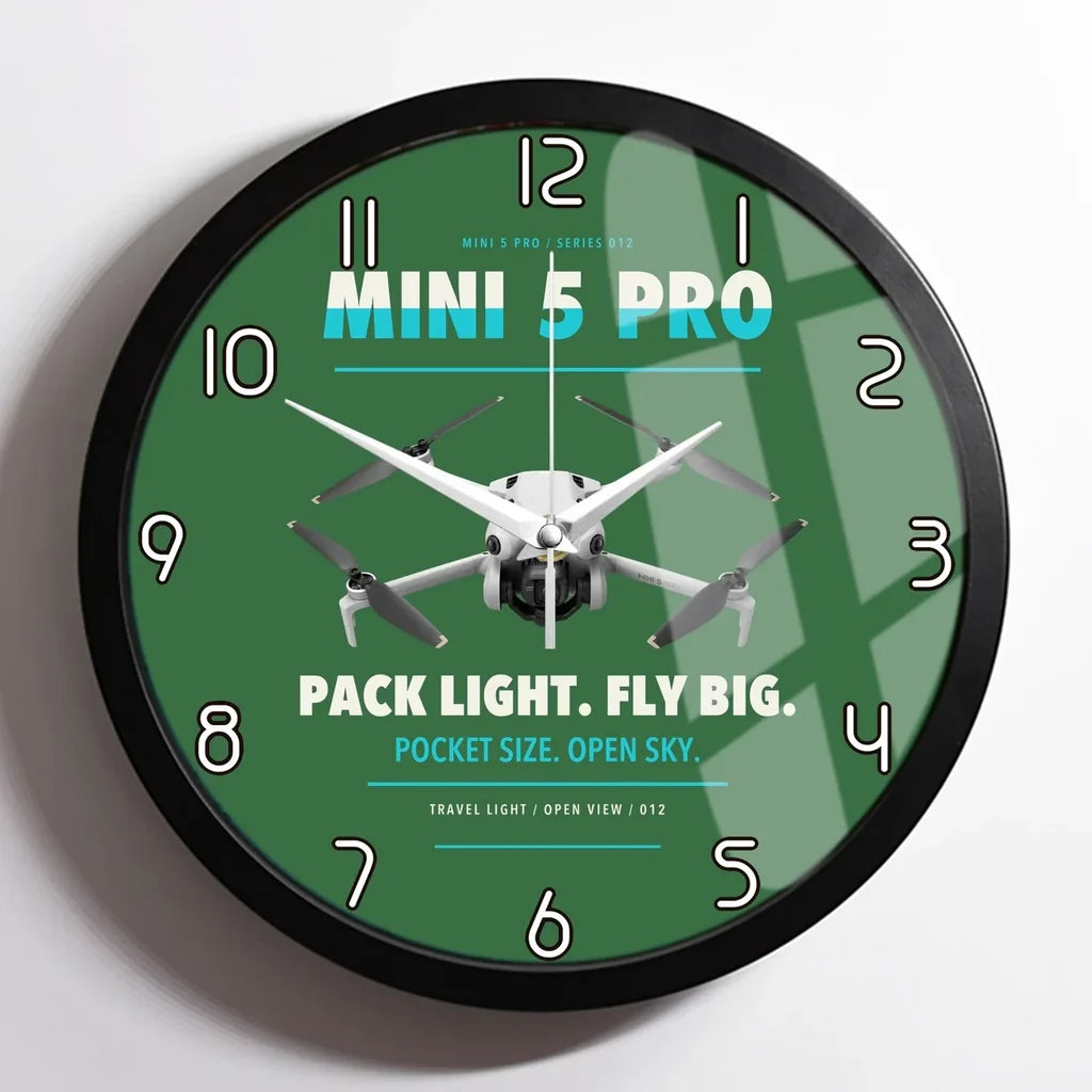 DJI Mini 5 Pro design on green framed wall clock