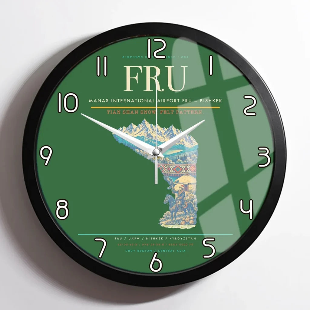 Manas International Airport (FRU) design on green framed wall clock