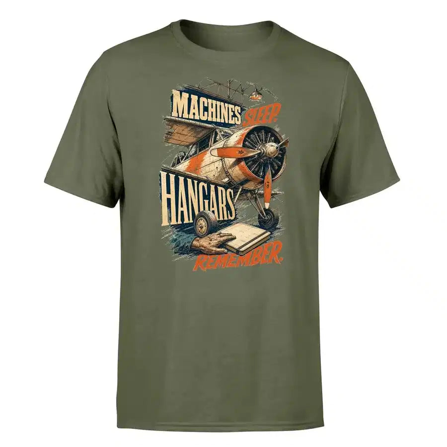 SIGNAL 653 - Machines Sleep. Hangars Remember. - Premium T-Shirt design on green army premium t shirt