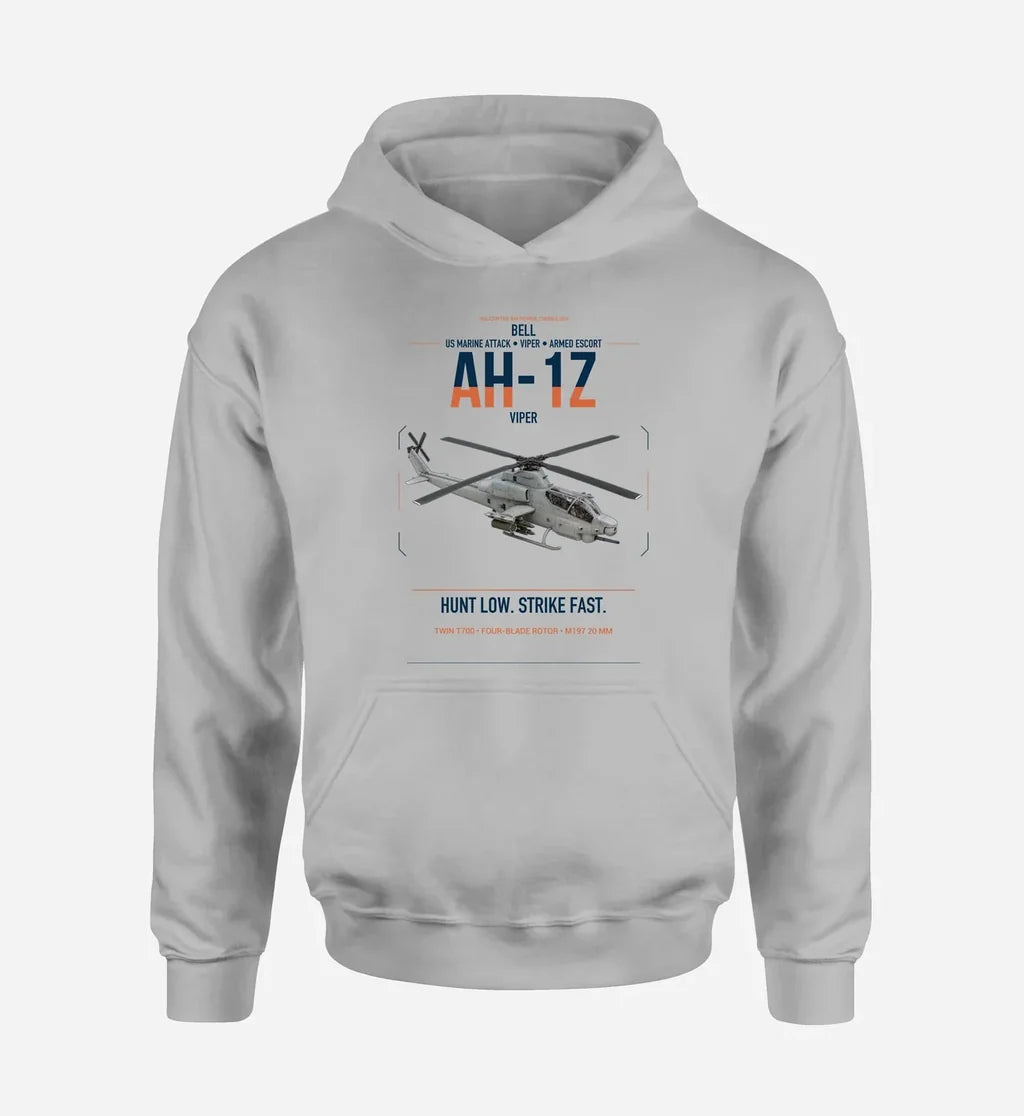 Bell AH-1Z Viper design on light gray double-side hoodie, single-side print
