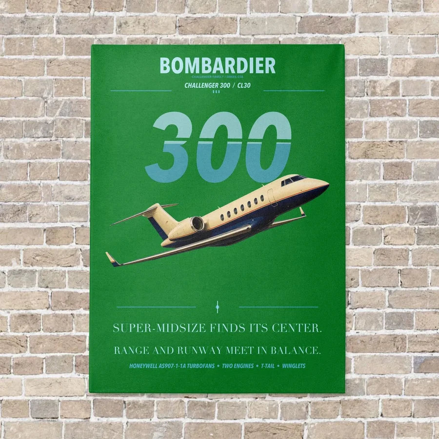 Bombardier Challenger 300 vertical canvas print - no frame - green background