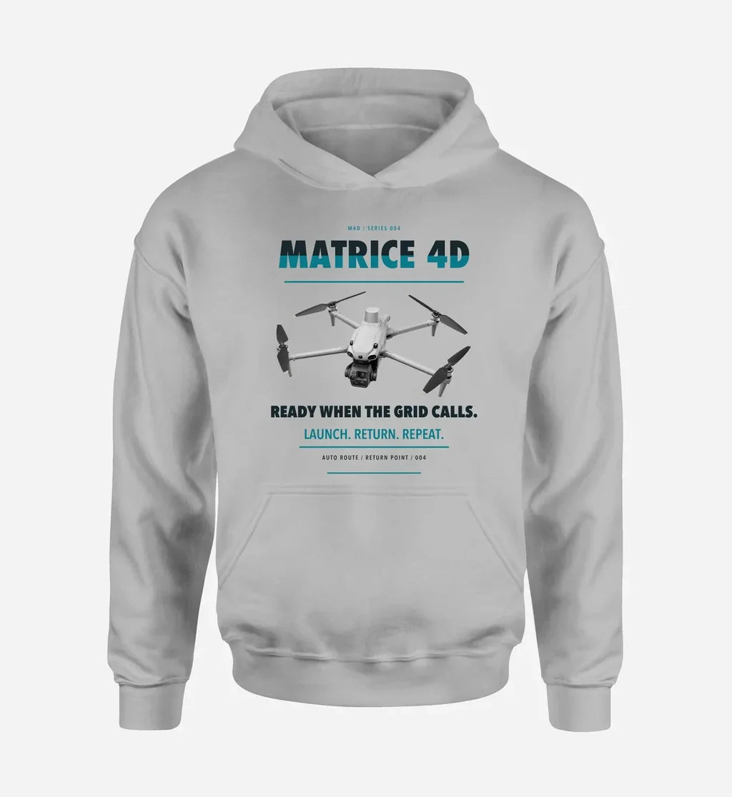 DJI Matrice 4D design on light gray hoodie single side