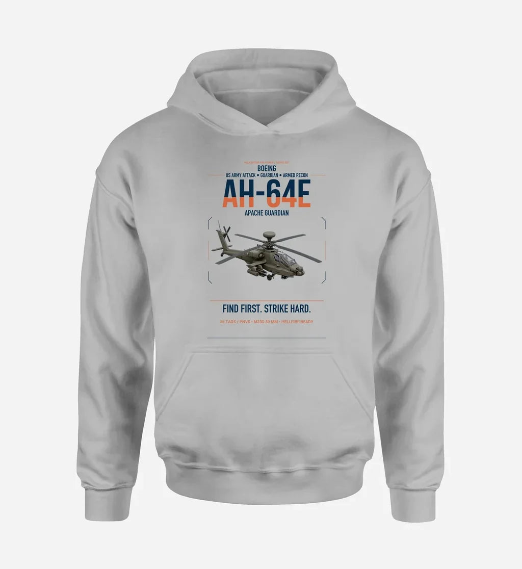 Boeing AH-64E Apache Guardian design on light gray double-side hoodie, single-side print