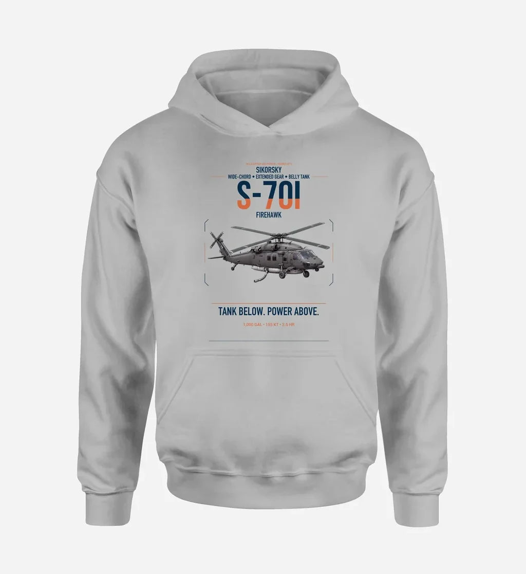 Sikorsky S-70i FIREHAWK design on light gray double-side hoodie, single-side print