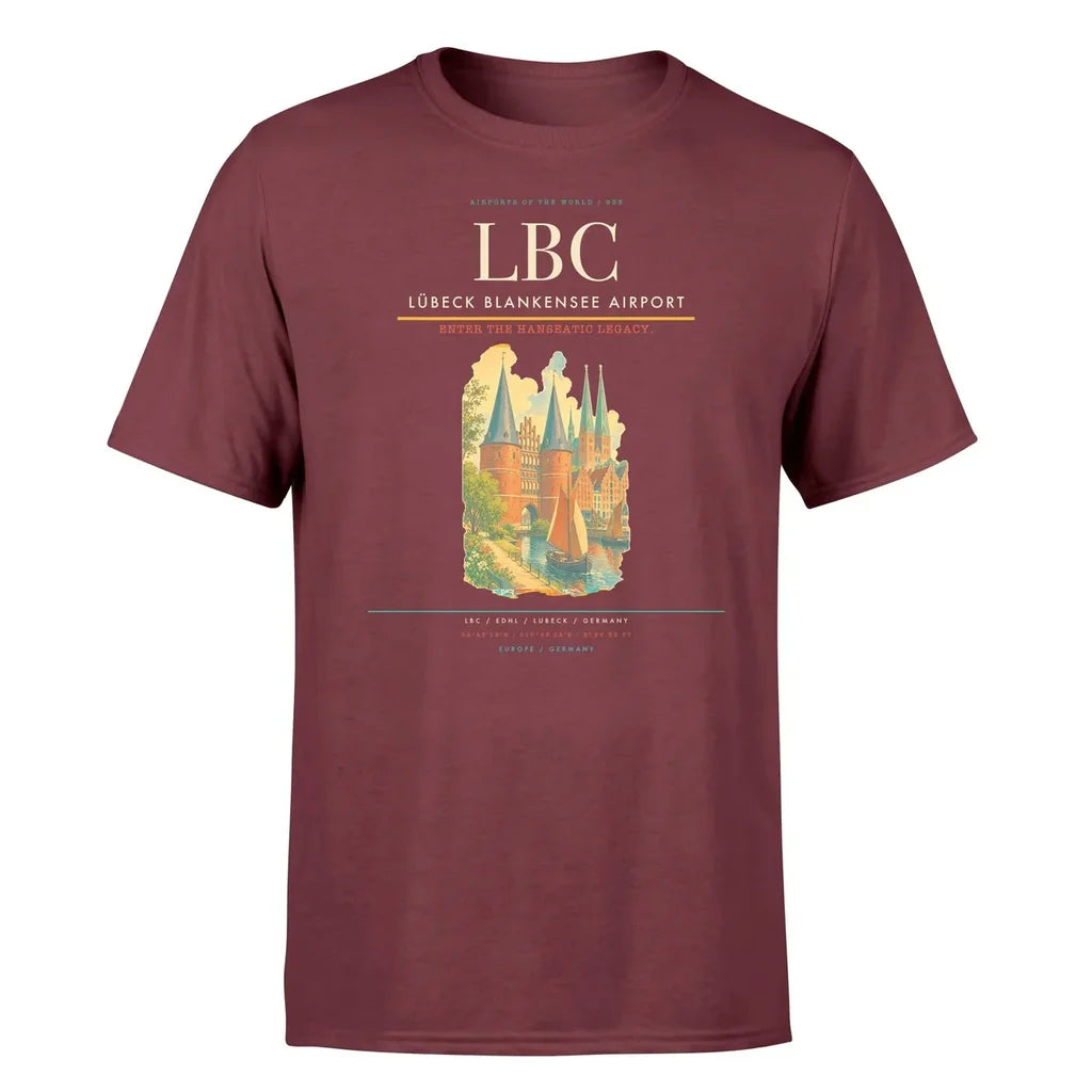 Lübeck Blankensee Airport (LBC) T-Shirt single-side front print in Dark Red | lübeck-blankensee-airport-lbc-double-side-t-shirt