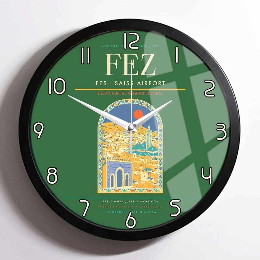 Fes (FEZ) design on green framed wall clock