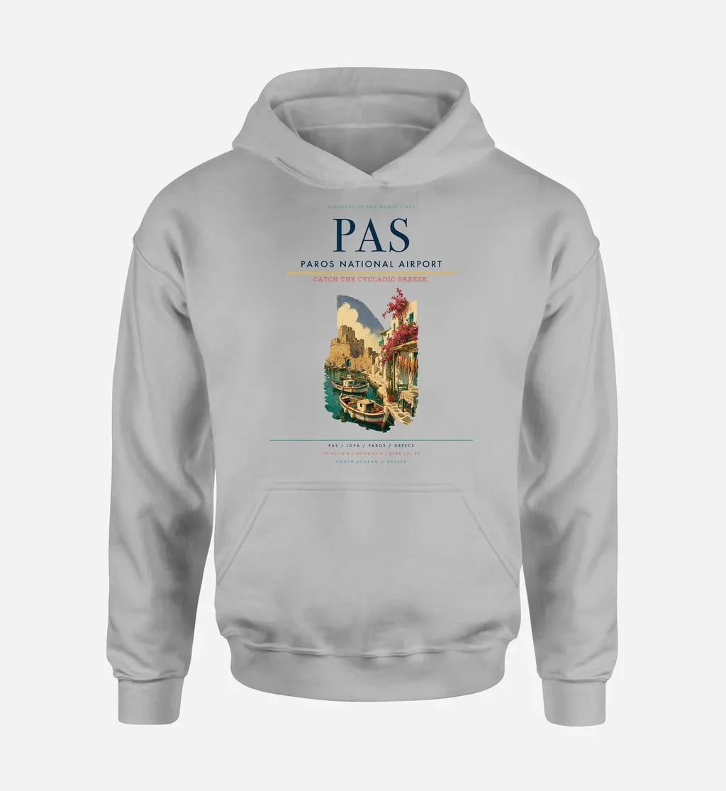 Paros National Airport (PAS) design on light gray hoodie single-side print
