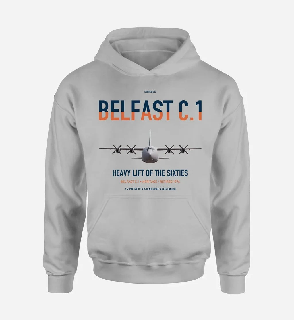 Short Belfast C.1 design on light gray double-side hoodie, single-side print