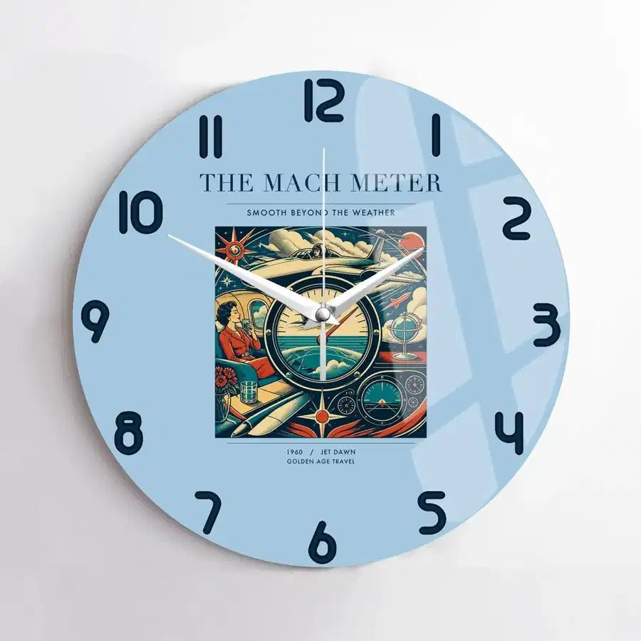 VINTAGE G4115 - The Mach Meter - Designed Wall Clocks design on lightblue no-frame