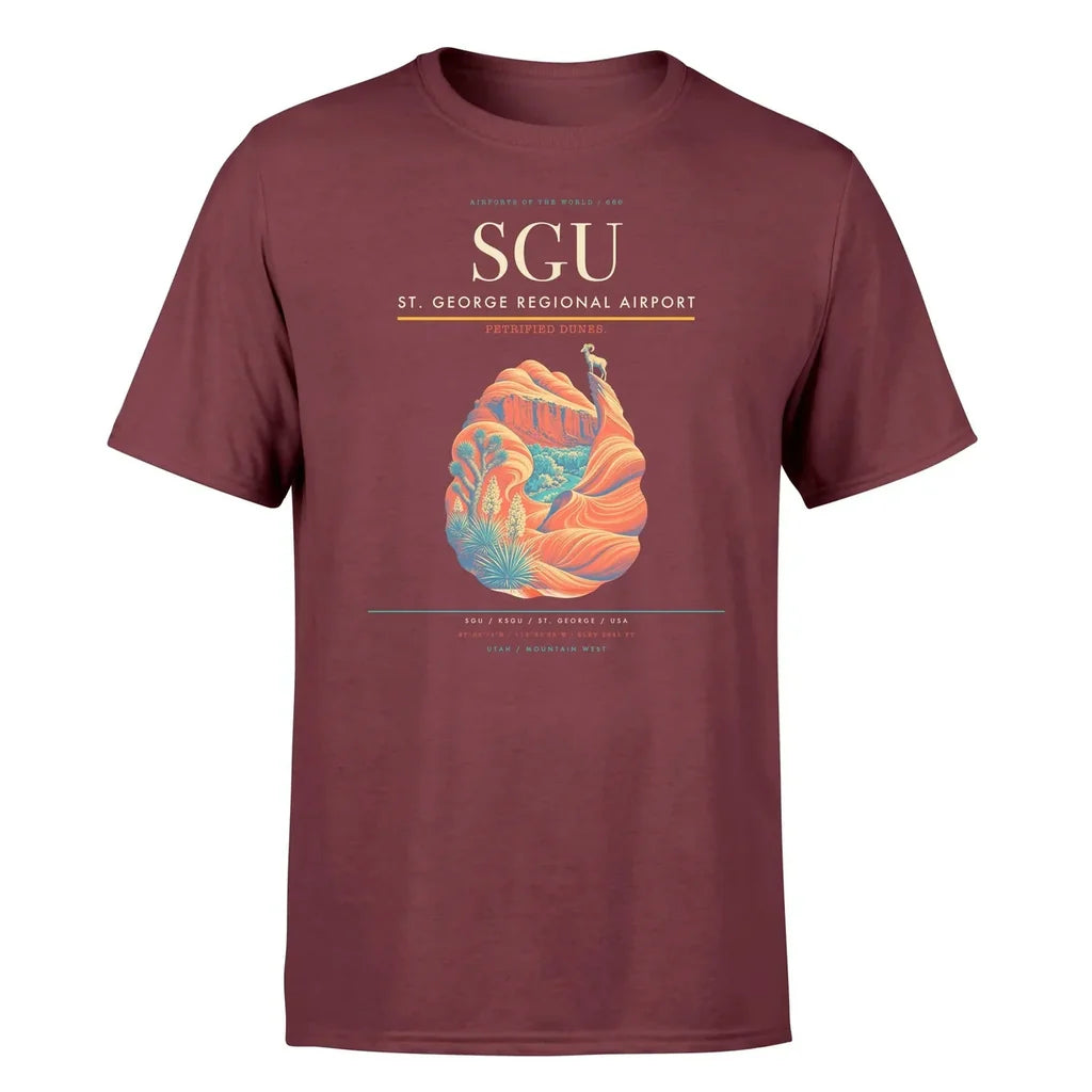 St. George Regional Airport (SGU) T-Shirt single-side front print in Dark Red | st-george-regional-airport-sgu-double-side-t-shirt
