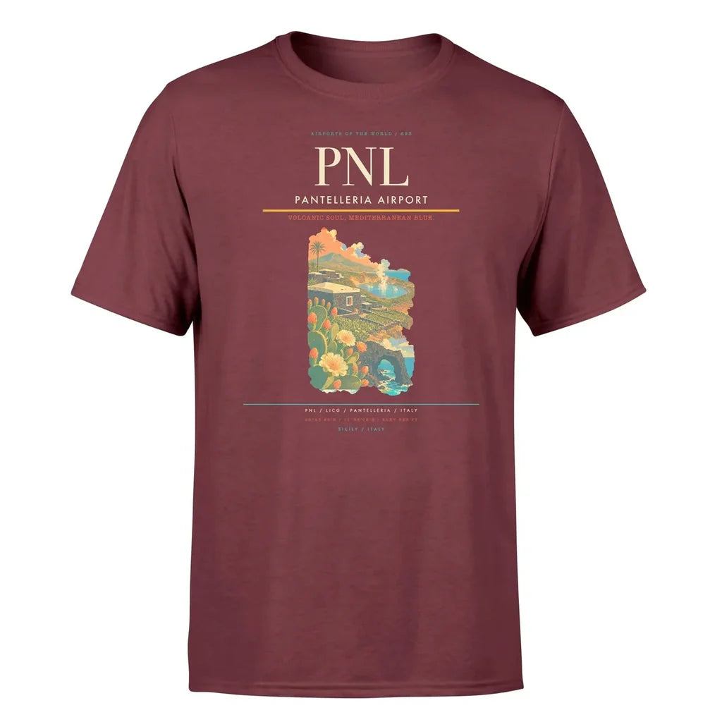 Pantelleria Airport (PNL) T-Shirt single-side front print in Dark Red | pantelleria-airport-pnl-double-side-t-shirt
