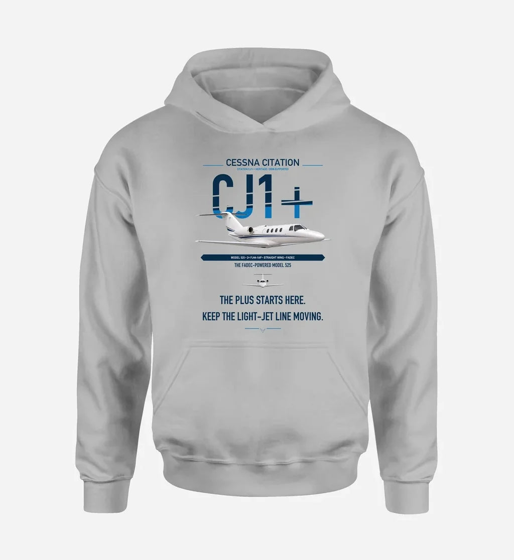Cessna Citation CJ1+ design on light gray double-side hoodie, single-side print