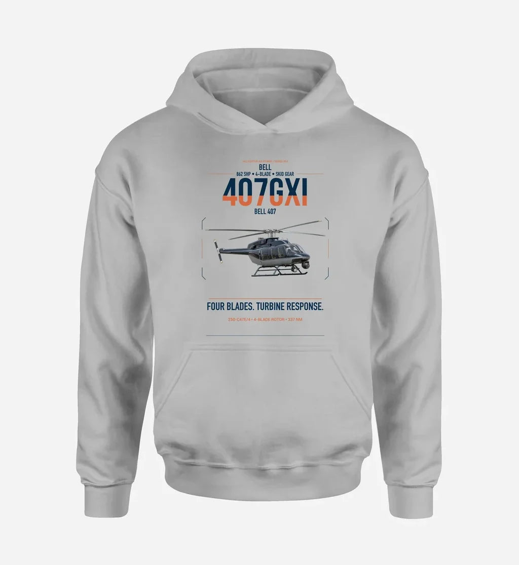 Bell 407GXi design on light gray double-side hoodie, single-side print