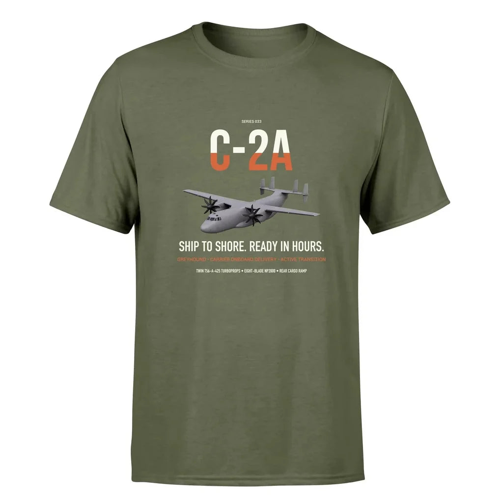 C-2A Greyhound design on green army double-side t-shirt, single-side print