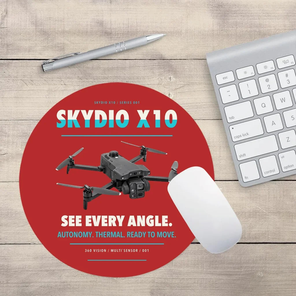 Skydio X10 design on red round mouse pad