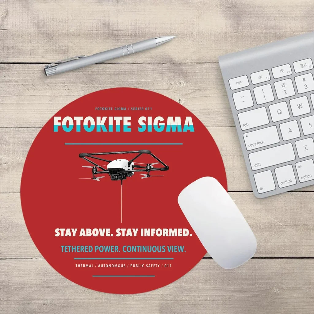 Fotokite Sigma design on red round mouse pad