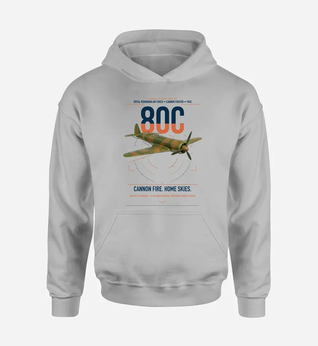 IAR 80C design on light gray double-side hoodie, single-side print