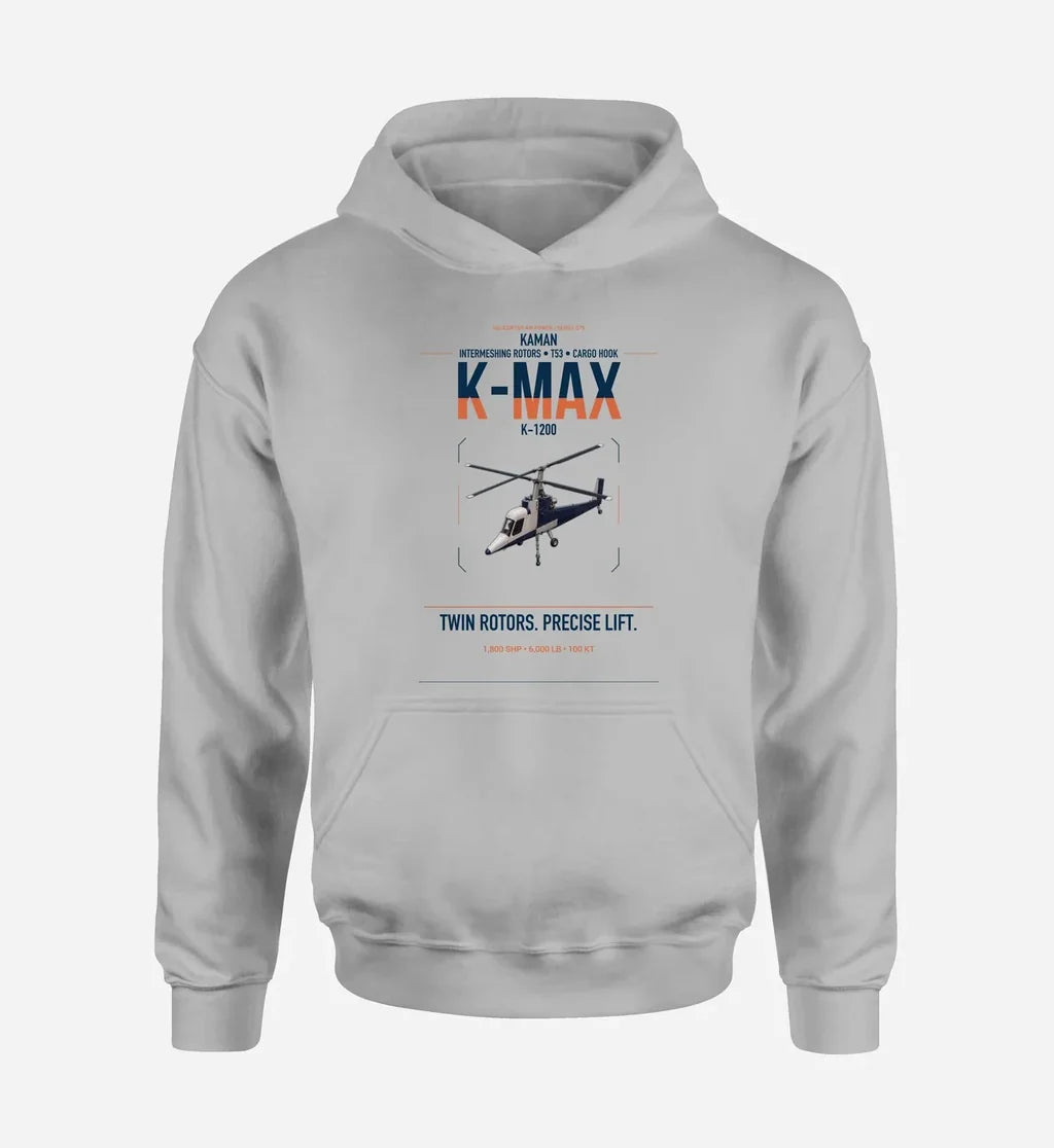 Kaman K-1200 K-MAX design on light gray double-side hoodie, single-side print