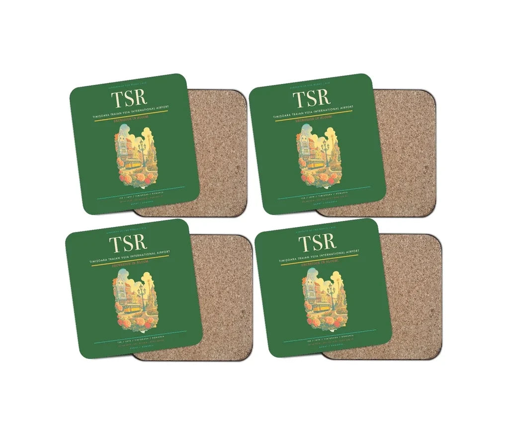 Timișoara Traian Vuia International Airport (TSR) design on green 4 pieces set coaster