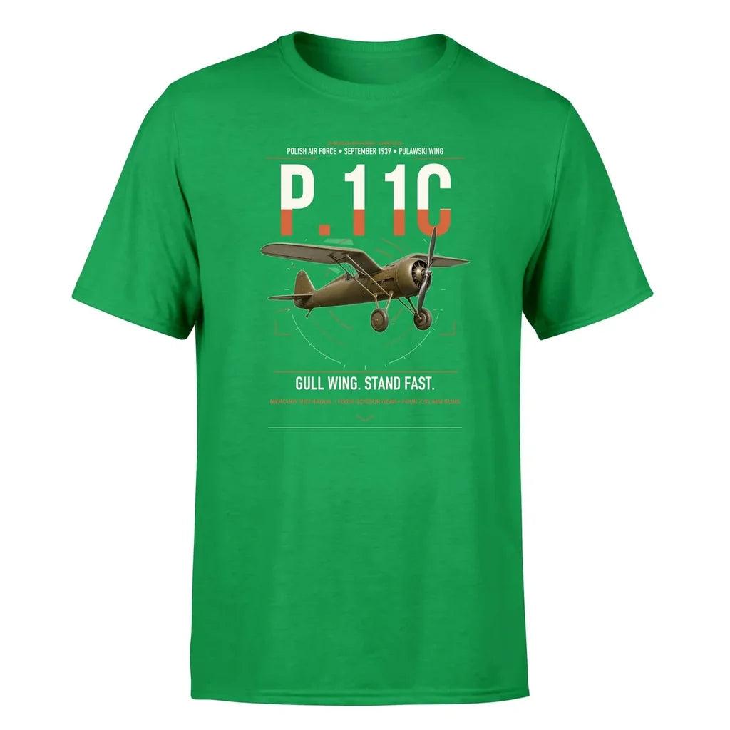 PZL P.11c design on green t-shirt, single-side print