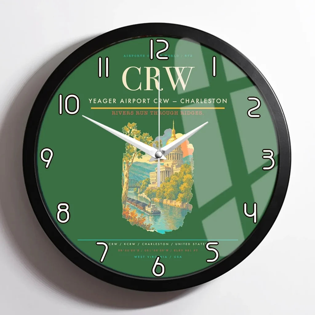 Yeager Airport (CRW) design on green framed wall clock