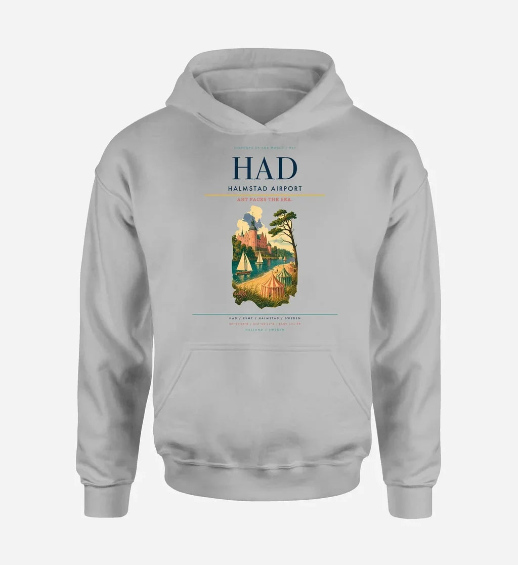 Halmstad Airport (HAD) design on light gray hoodie single-side print
