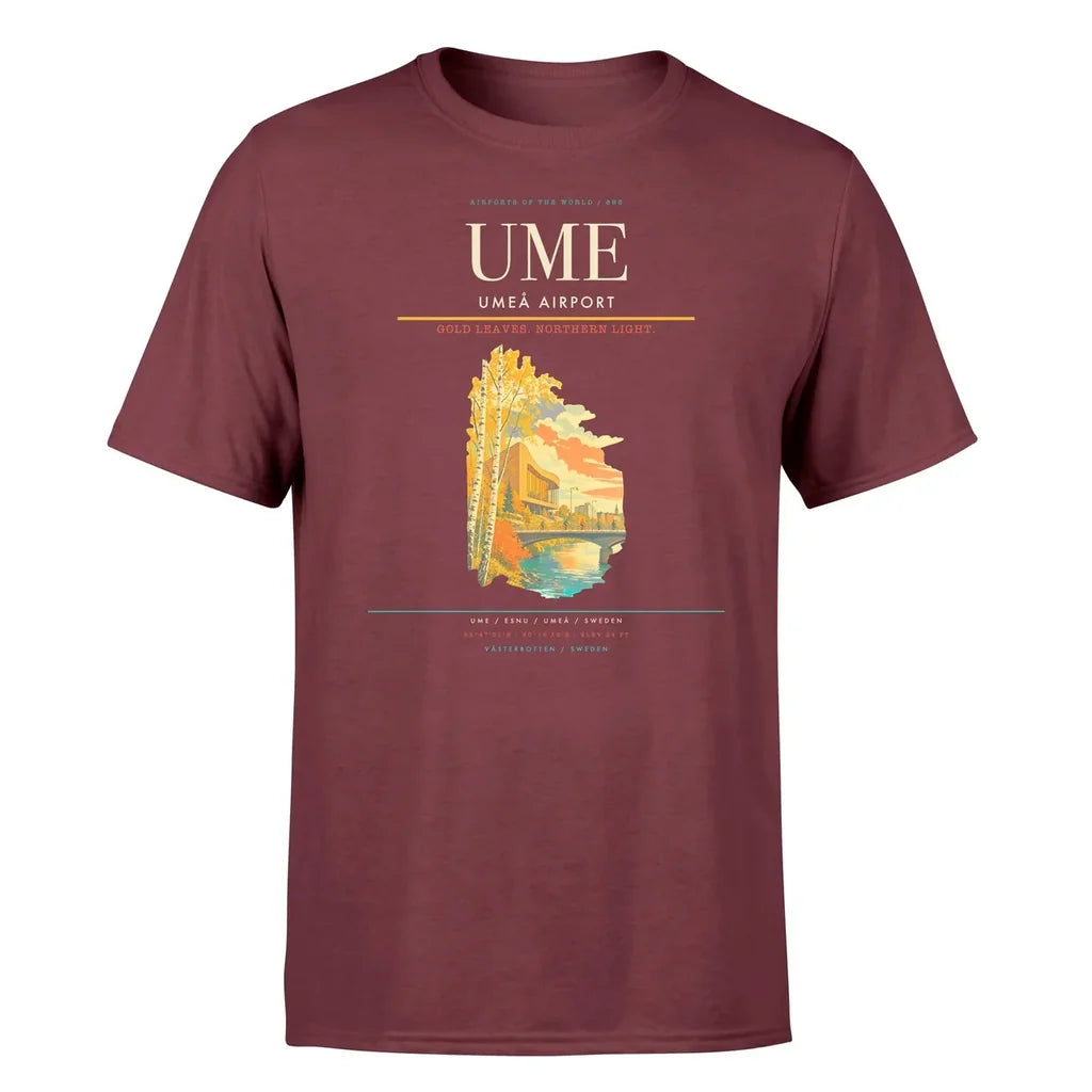 Umeå Airport (UME) T-Shirt single-side front print in Dark Red | umeå-airport-ume-double-side-t-shirt