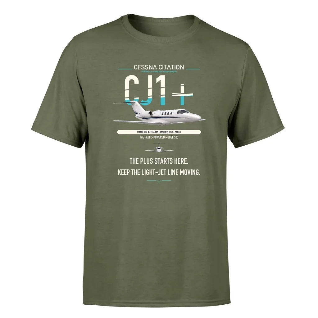Cessna Citation CJ1+ design on green army double-side t-shirt, single-side print