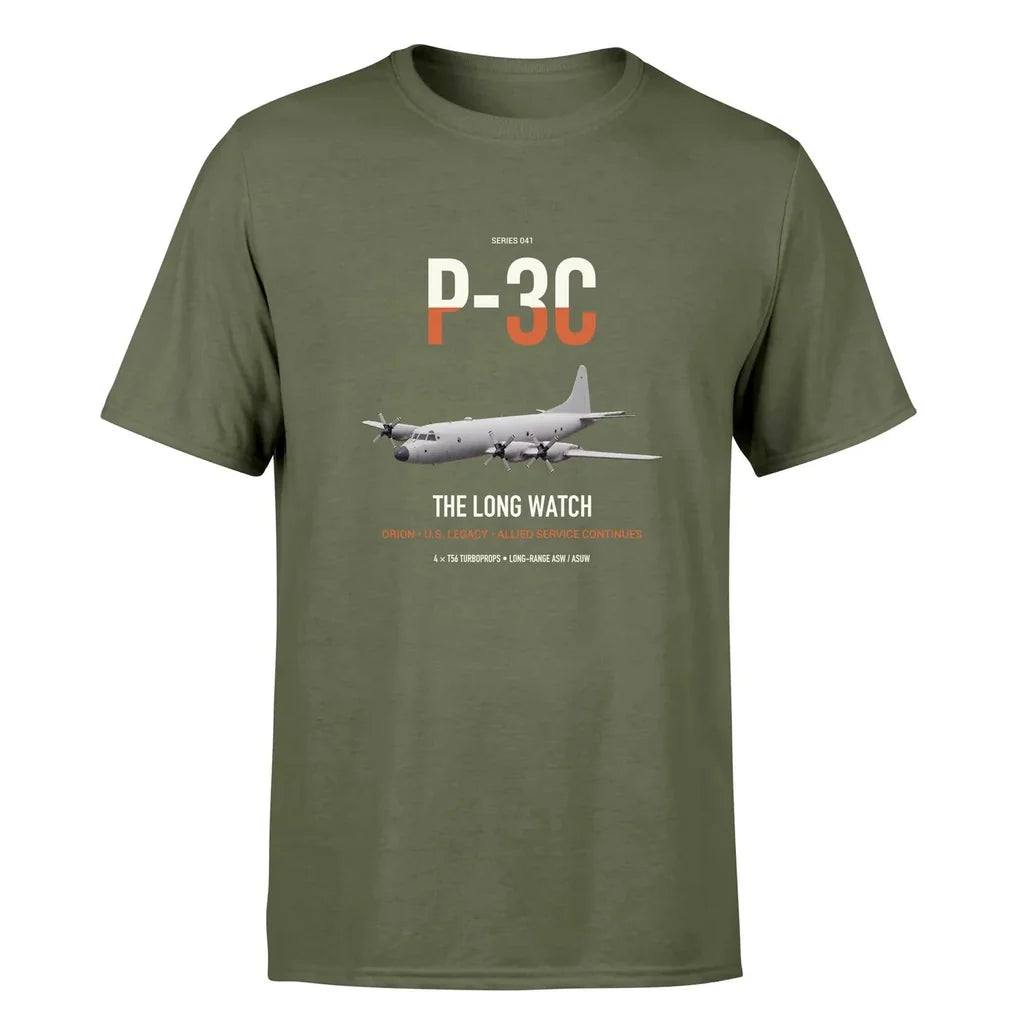 P-3C Orion design on green army double-side t-shirt, single-side print