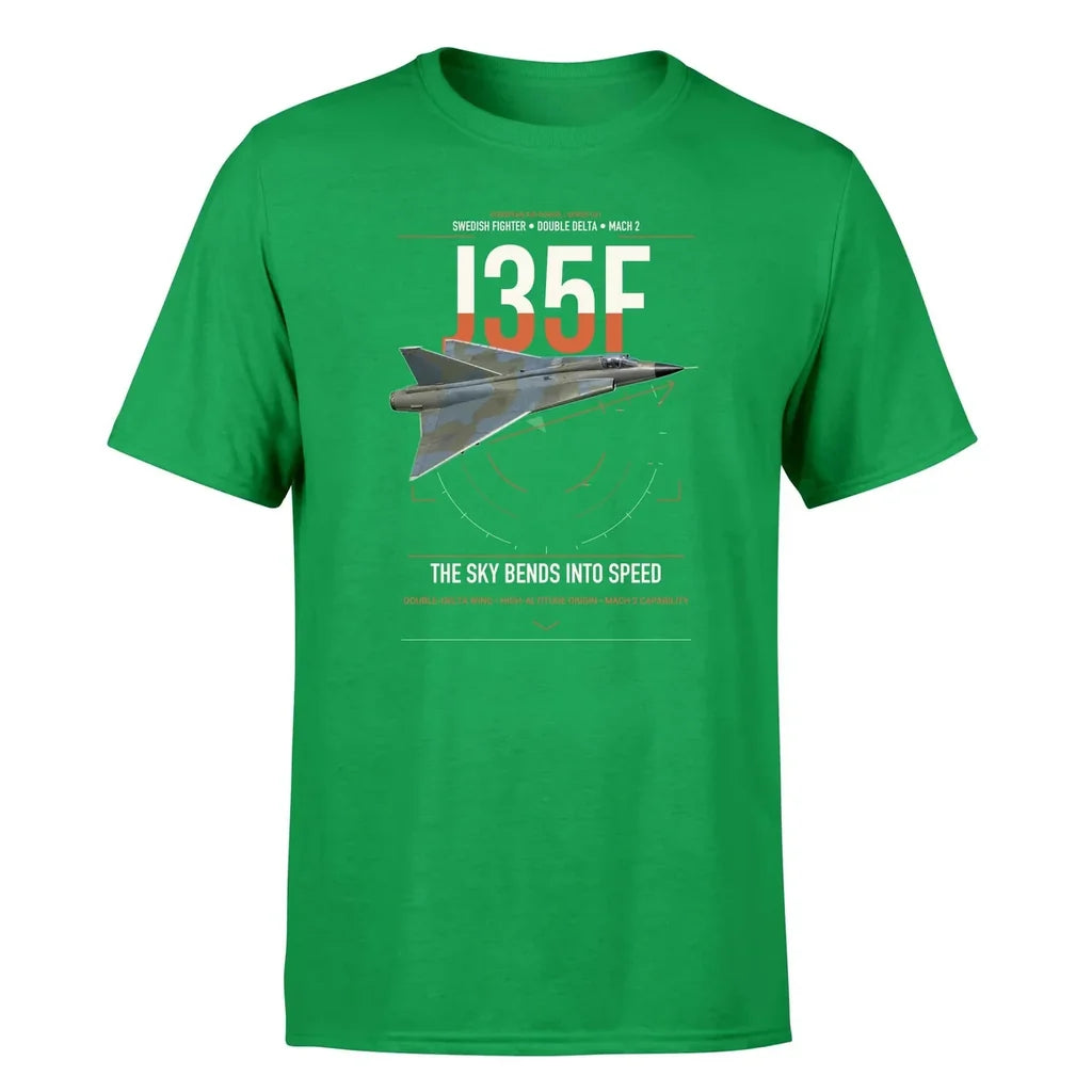 Saab J 35F Draken design on green t-shirt, single-side print