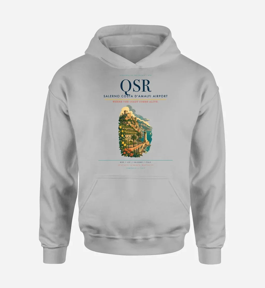 Salerno Costa d'Amalfi Airport (QSR) design on light gray hoodie single-side print