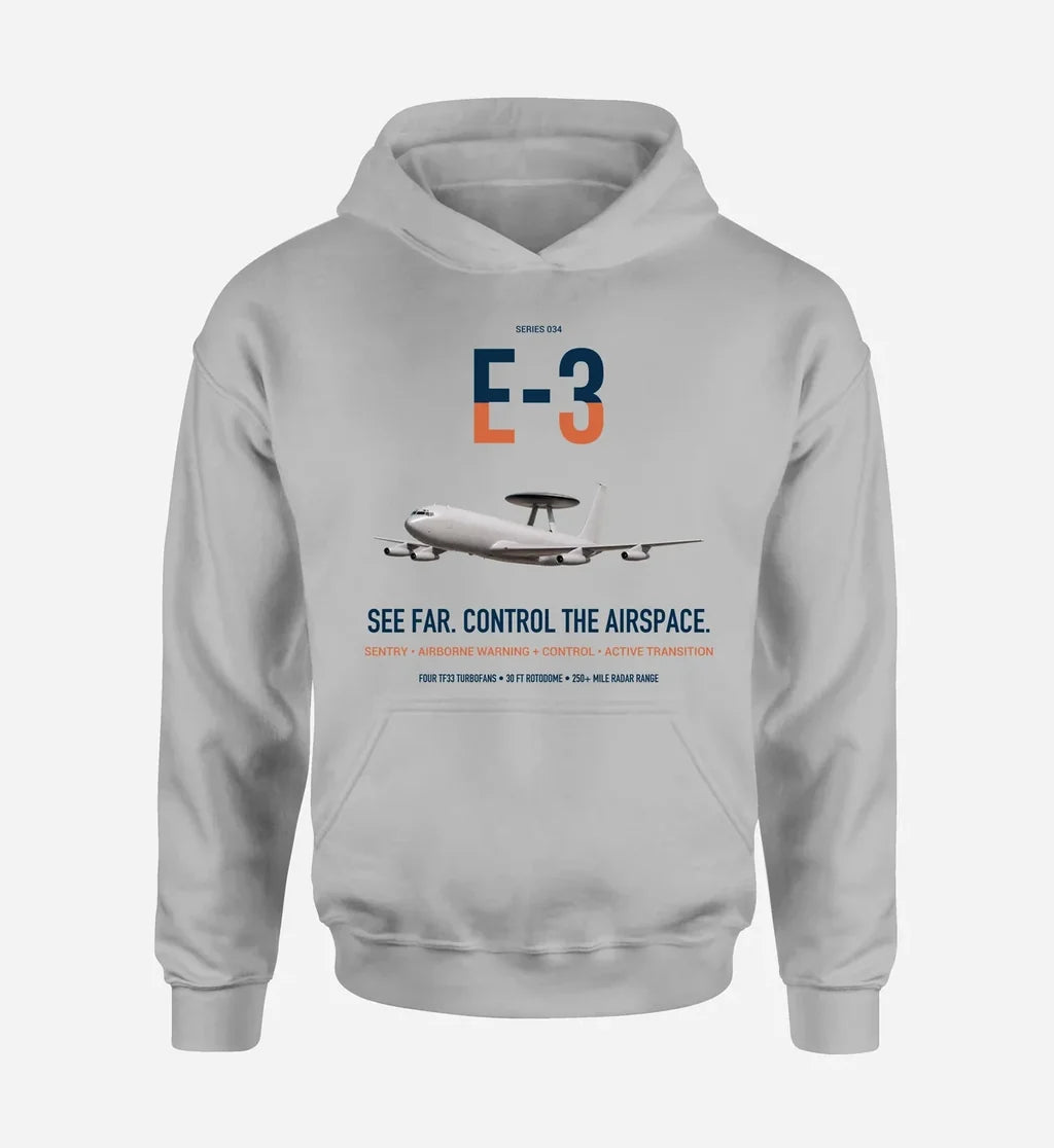 E-3 Sentry AWACS design on light gray double-side hoodie, single-side print