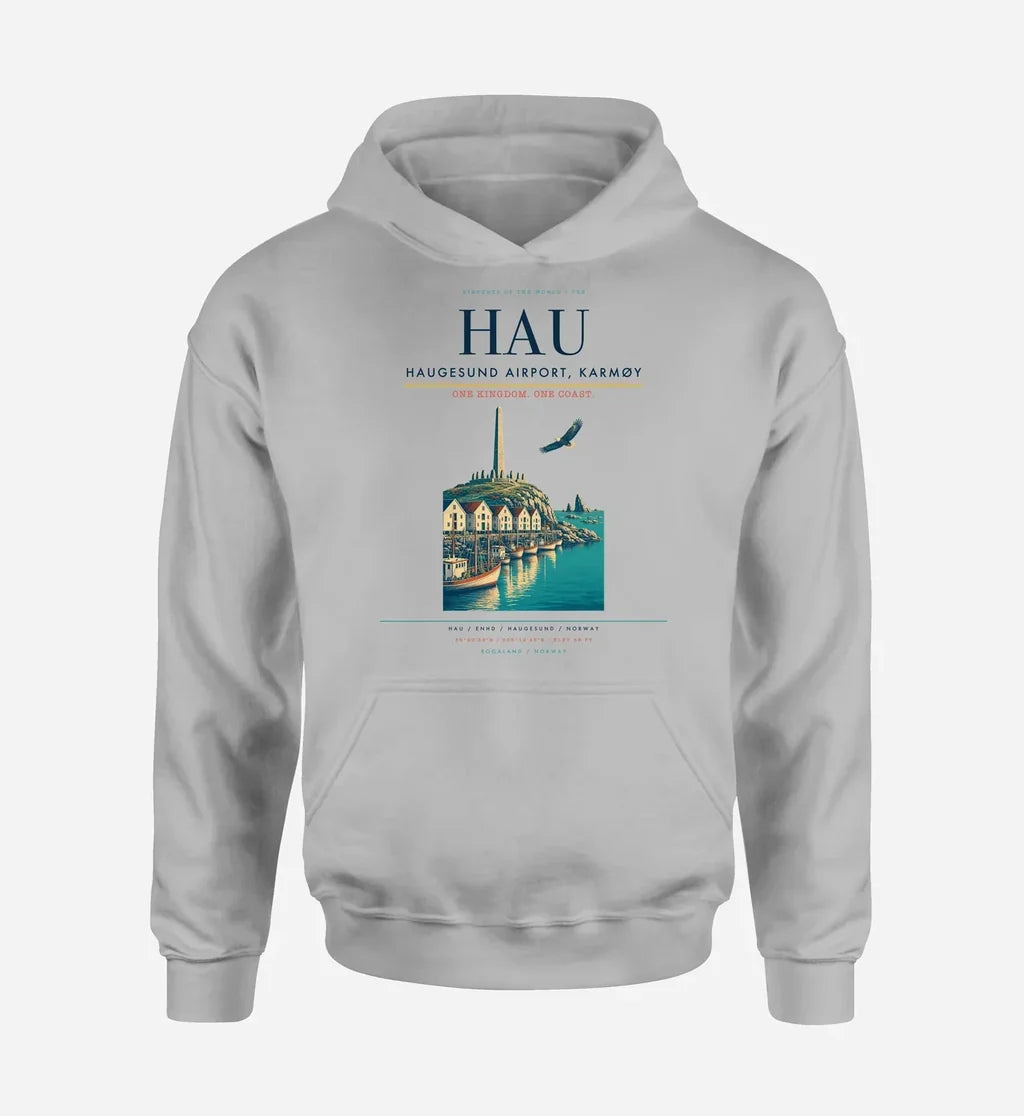 Haugesund Airport, Karmøy (HAU) design on light gray hoodie single-side print
