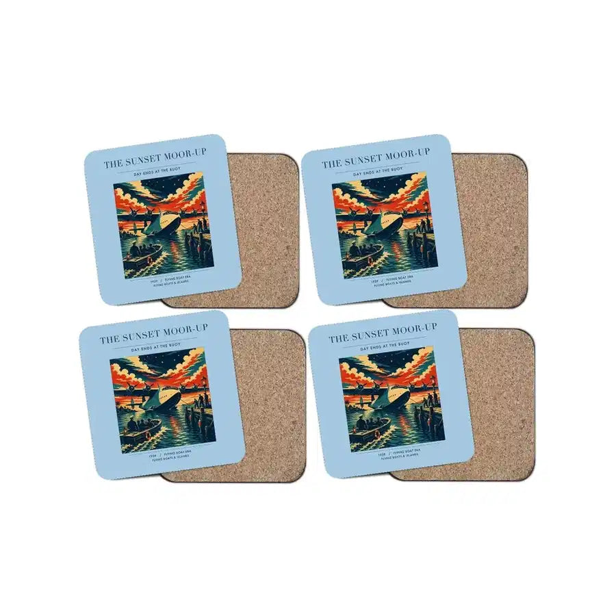 The Sunset Moor-Up - Designed Coasters design on light blue 4-pieces-set