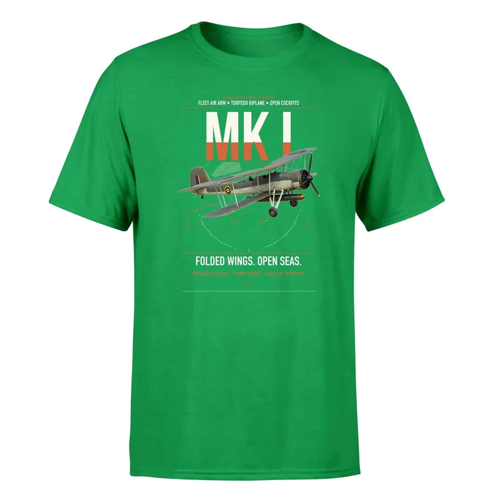 Fairey Swordfish Mk I design on green t-shirt, single-side print