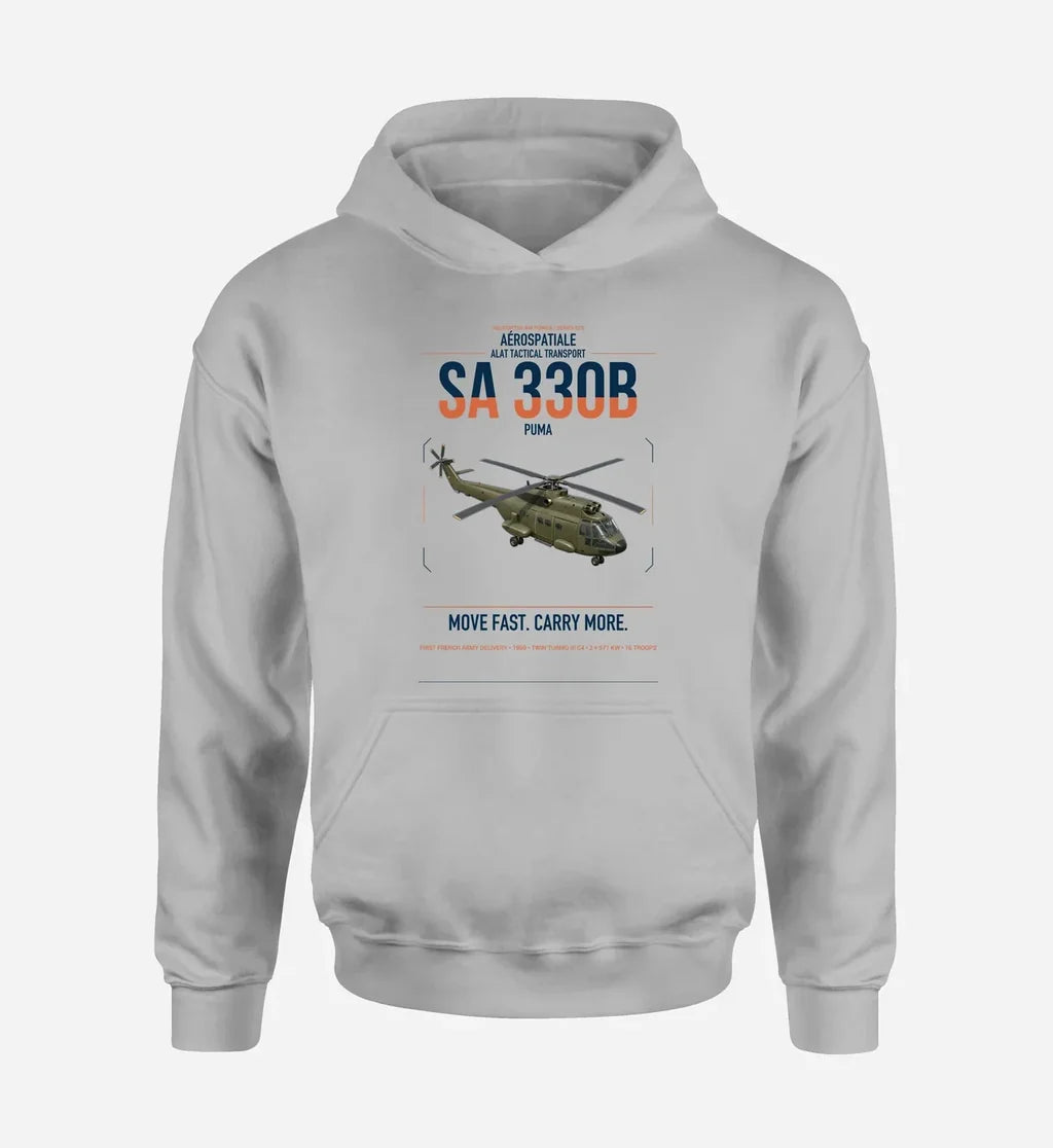 Aérospatiale SA 330B Puma design on light gray double-side hoodie, single-side print