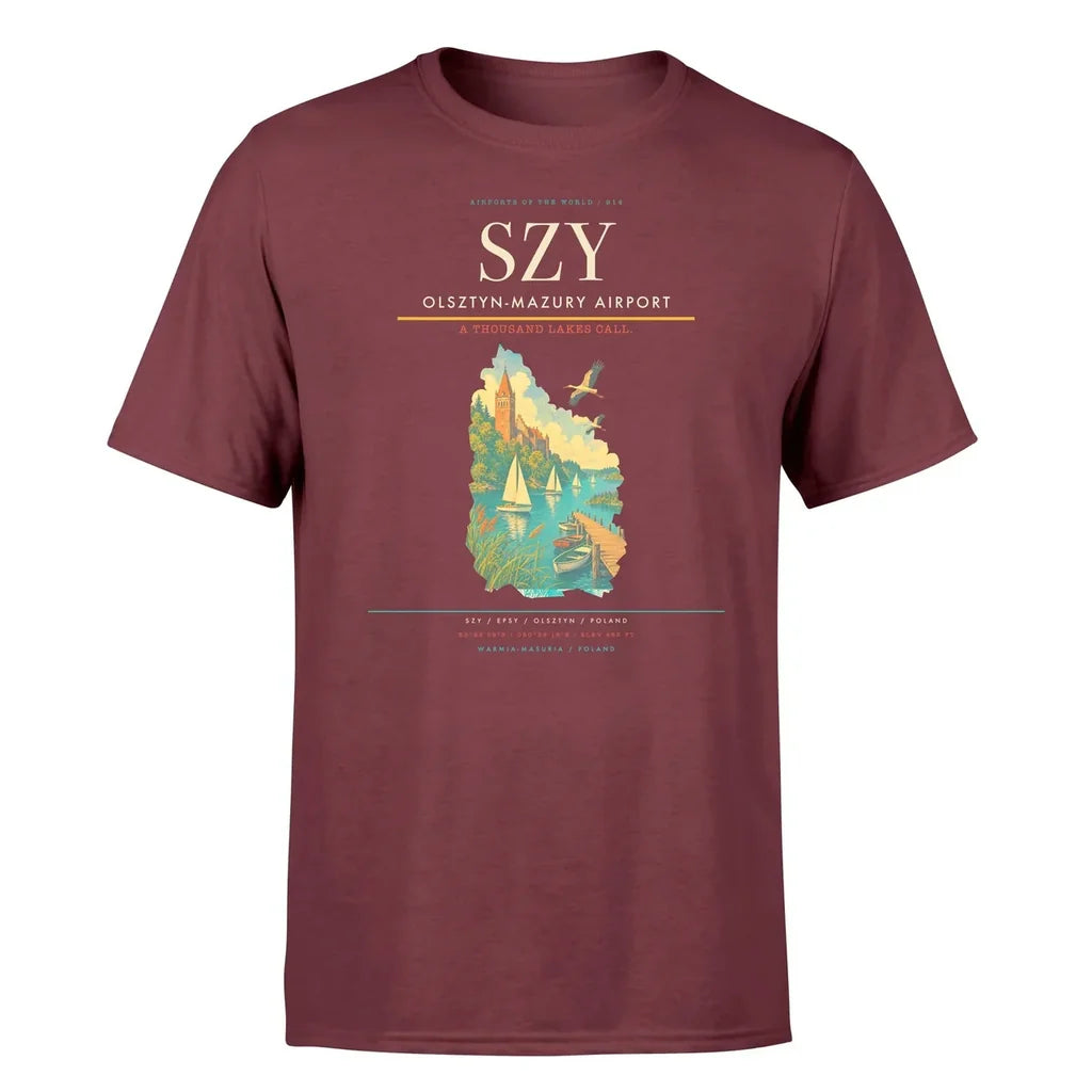 Olsztyn-Mazury Airport (SZY) T-Shirt single-side front print in Dark Red | olsztyn-mazury-airport-szy-double-side-t-shirt