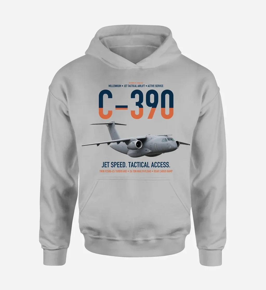 C-390 Millennium design on light gray double-side hoodie, single-side print