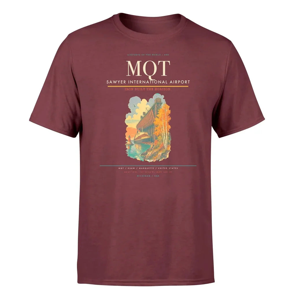 Sawyer International Airport (MQT) T-Shirt single-side front print in Dark Red | sawyer-international-airport-mqt-double-side-t-shirt