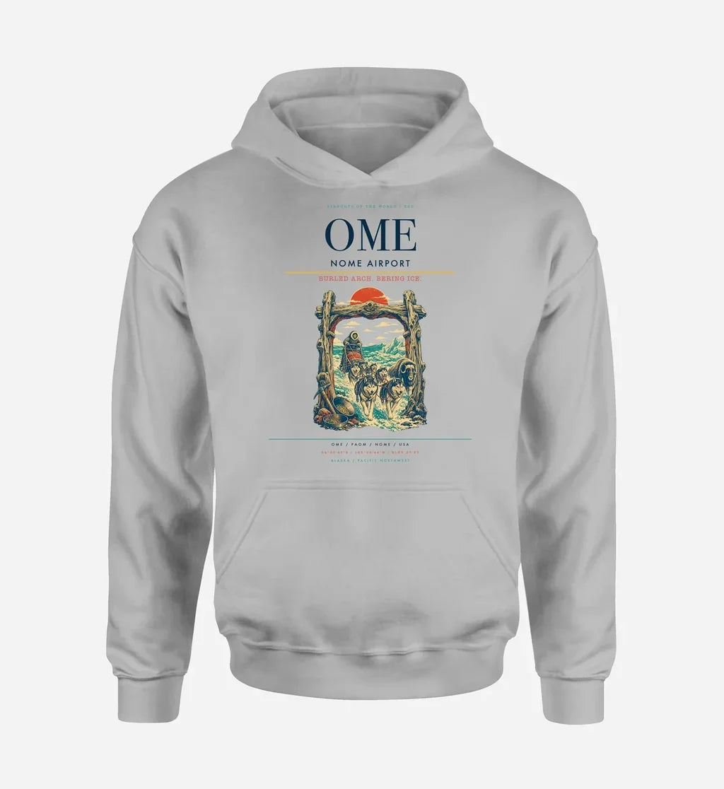 Nome Airport (OME) design on light gray hoodie single-side print