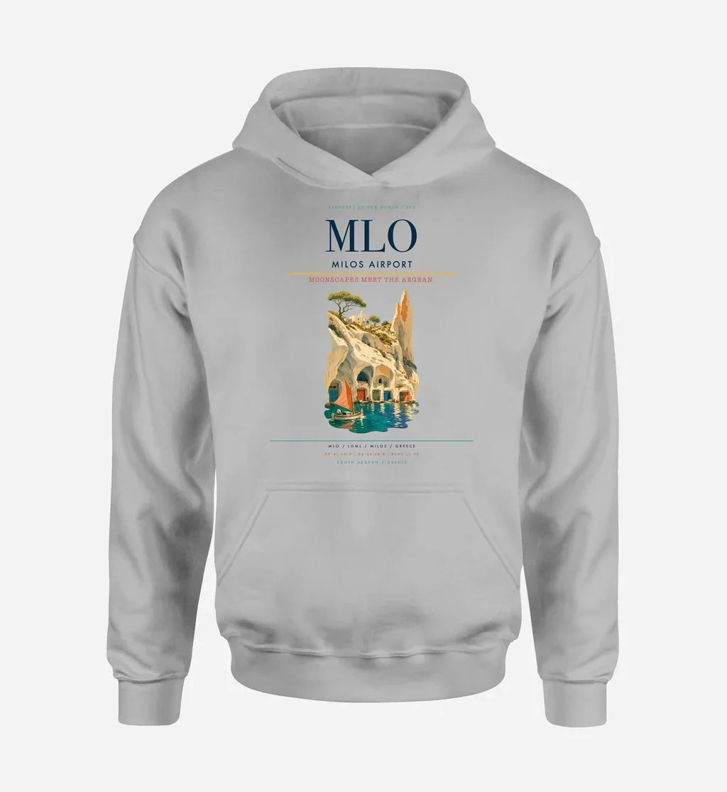Milos Airport (MLO) design on light gray hoodie single-side print